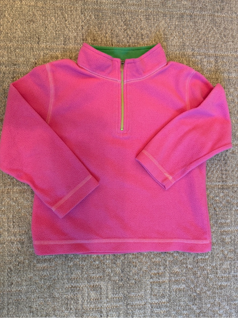 EUC L.L. Bean Girls Bright Pink Half-Zip Fleece Top with Green Trim 4T